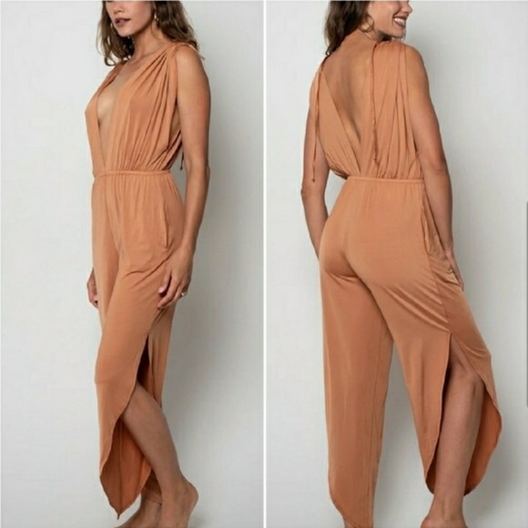 Michele Hah Pants - SOLD Michele Hah Belle Jumpsuit Size Small Salmon Coral Orange Split Leg